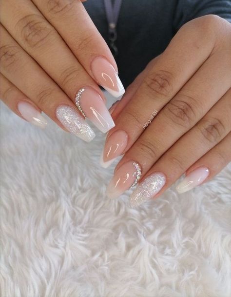 Floral Bliss -  #Bliss #Floral French Tip Diamond Nail Design, Fancy White French Tip Acrylic Nails, Bridal Nails Rhinestones, Acrylic Nails For Wedding The Bride, Ballerina Nails Elegant, Wedding Nails Glitter The Bride, Elegant Nails With Rhinestones, Nails Inspiration Diamond, Long Bridal Nails