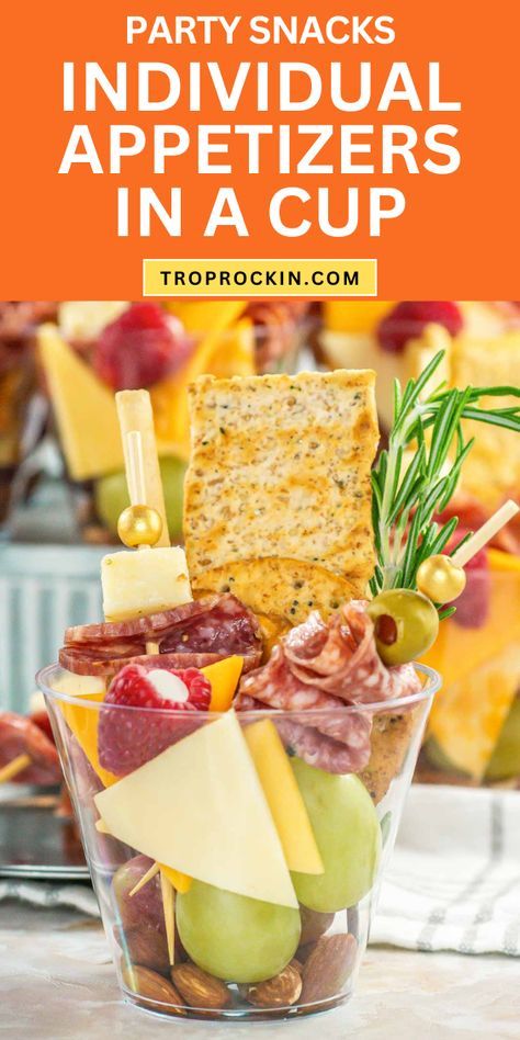 These individual appetizers in a cup are perfect party snacks. Guests can walk around and mingle while snacking. Fill with fruits, cheeses and cured meats for a charcuterie style snack or make a variety - individual appetizer cups with just fruit and cheese, others with just crackers and meats. You can have so much fun with these! Mini Appetizers In Shot Glasses Appetizer Ideas, Fruit Cup Appetizers For Party, Nacho Cups Appetizers, Fruit And Cheese Hors D'oeuvres, Individual Appetizer Cups, Individual Snack Cups For Party, Charcuterie Cups Wedding Cocktail Hour, Food Truck Charcuterie, Inexpensive Charcuterie Cups