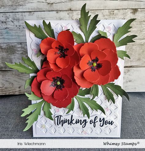 My card for today showcases the NEW Poppy Flower die as well as the NEW Lattice A2 die from Whimsy Stamps. I die cut the poppies from colored cardstock and used a ball-tool to shape the petals and leaves. Then I used a green brad to hold the petals of the blossoms together. In the center of each poppy I've added some black Stickles glitter glue. #affiliatelink Poppy Cards, Whimsy Stamps, Craft Knife, Flower Leaf, Leaf Decor, Card Making Techniques, Craft Blog, Poppy Flower, Scrapbook Paper Crafts