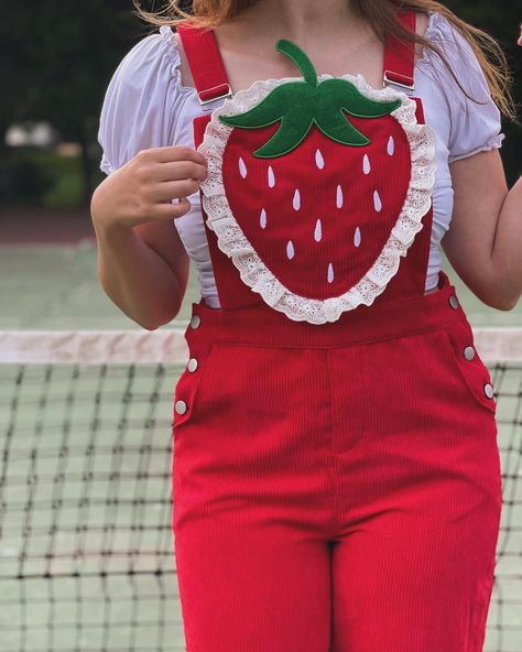 It’s strawberry summer~🍓 coming soon! — #cottagecore #strawberrydress #summeroutfit #springfashion #summerfashion #cottagecoreaesthetic #kawaiifashion #shopsmall #kitschy #kitschycute #whimsicalfashion #strawberrygirl #vintagestyle #dopaminedressing Strawberry Themed Outfit Aesthetic, Fruit Aesthetic Outfit, Strawberry Themed Outfit, Fruit Inspired Outfit, Cherry Inspired Outfit, Strawberry Overalls, Fruit Outfit, Strawberry Clothes, Kidcore Fashion