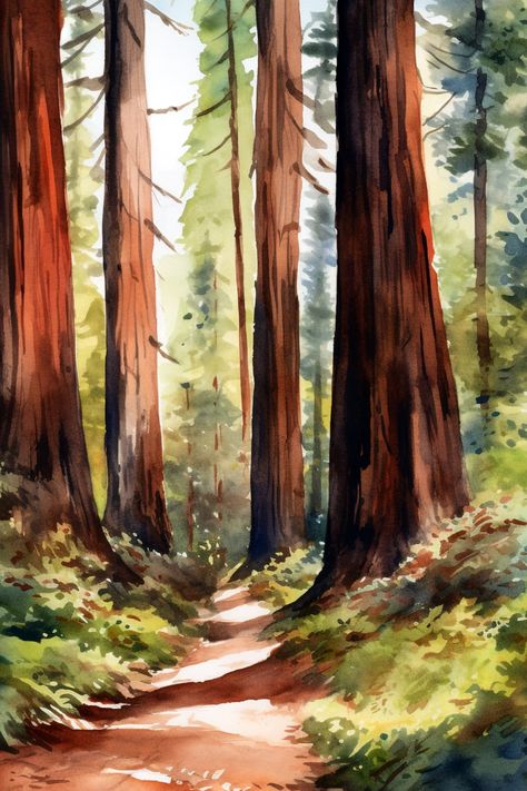 Trees Watercolor Painting, Prairie Creek Redwoods State Park, Jedediah Smith Redwoods State Park, Redwood National And State Parks, Coastal Redwood, Trees Watercolor, Redwood Trees, Tree Watercolor Painting, Redwood National Park