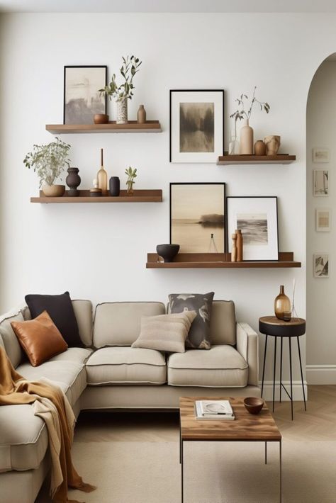 Livingroom Floating Shelves, Wall Space Above Couch, Shelving In Living Room Wall, Walls With Shelves Living Room, Shelving Ideas For Living Room Floating, Wall Of Floating Shelves Living Room, Floating Shelves Behind Sofa, Staggered Shelves Living Room, Living Room Wall Decor Ideas Shelves