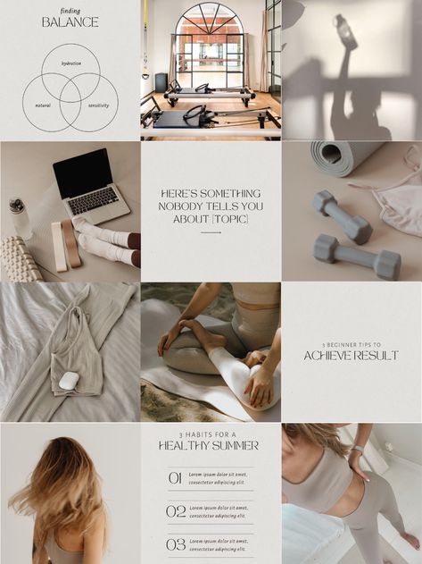 Elevate your Health & Wellness brand's presence on Instagram with our professionally designed, customizable post templates.  Easily edit and personalize these templates within Canva to create a stunning and cohesive aesthetic that resonates with your audience.  .#CanvaTemplates #SocialMediaDesign #InstagramIdeas #PinterestTemplates #CreativeCanva Luxury Instagram Aesthetic, Health And Beauty Aesthetic, Wellness Instagram Aesthetic, Pilates Instagram Feed, Instagram Beauty Post Ideas, Aesthetic Fitness Instagram Feed, Pilates Social Media, Health And Wellness Instagram Feed, Fitness Blog Post Ideas