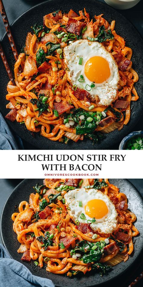 Bacon Kimchi, Udon Noodles Recipe, Fried Udon, Udon Recipe, Easy Stir Fry Recipes, Kimchi Recipe, Easy Bacon, Asian Inspired Recipes, Spicy Sauce