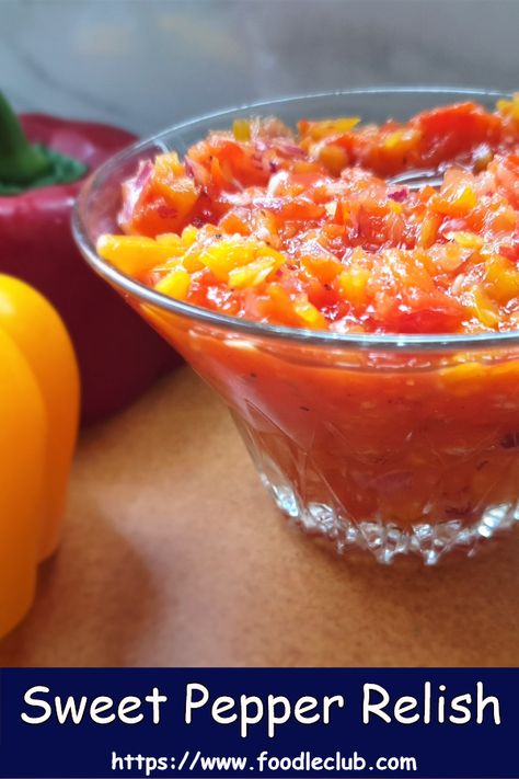 A delicious no-cook sweet pepper relish make with juicy bell peppers and sweet red onion.  Perfect for topping on a hamburger or spooning over a sausage.  #foodleclub #homemade #nocookrelish #easyrelish Sweet Bell Pepper Relish, Sweet Red Bell Pepper Relish, Bell Pepper Relish Recipes, Sweet Pepper Relish Recipe, Red Relish Recipe, Pickled Ideas, Bell Pepper Relish, Sweet Pepper Relish, Diy Sauces