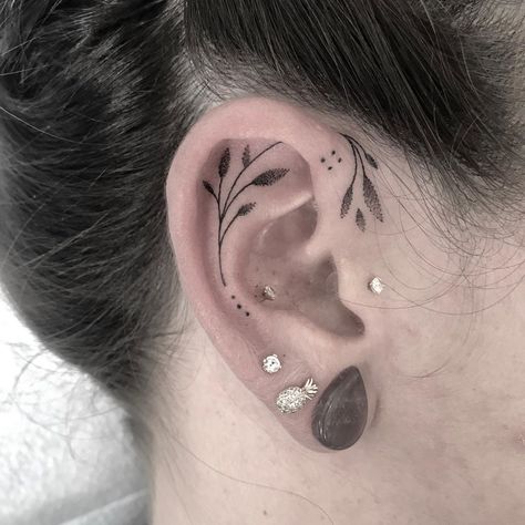 Image may contain: one or more people and closeup Inner Ear Tattoo With Piercing, Inside Ear Tattoos, Tragus Tattoo, Inner Ear Tattoo, Being Too Much, Thistle Tattoo, Mama Tattoo, Behind Ear Tattoos, Girl Neck Tattoos