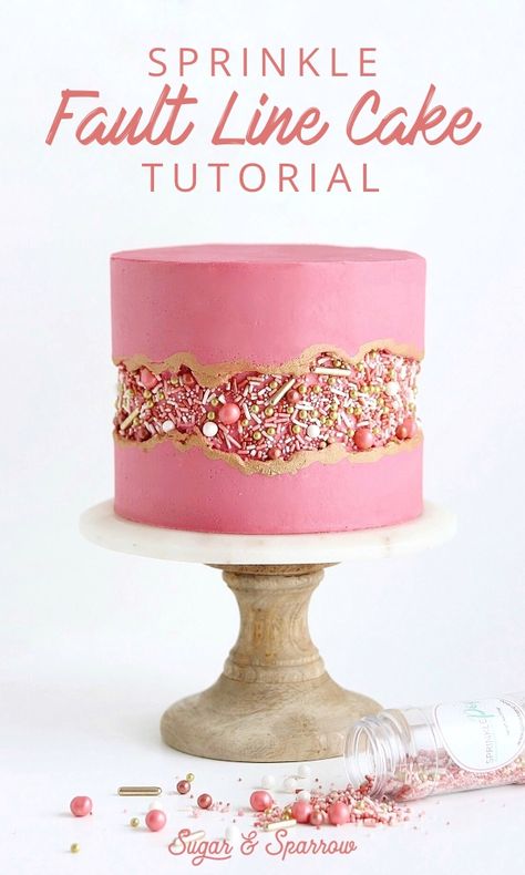 Learn how to create this Sprinkle Fault Line Cake with the prettiest "Vintage Rose Gold" sprinkles by SprinklePop | Sugar & Sparrow | #sprinkles #sprinklepop #faultlinecake #rosegoldcake #cakedecorating #cakedesign #caketrends #cakeideas #cake #caketutorial #pinkcake #pinkandgoldcake Fault Line Cake Tutorial, Rose Gold Sprinkles, Fault Line Cake, Rodjendanske Torte, Sprinkle Cake, Vintage Rose Gold, Cake Decorating Tutorials, Pink Cake, Drip Cakes