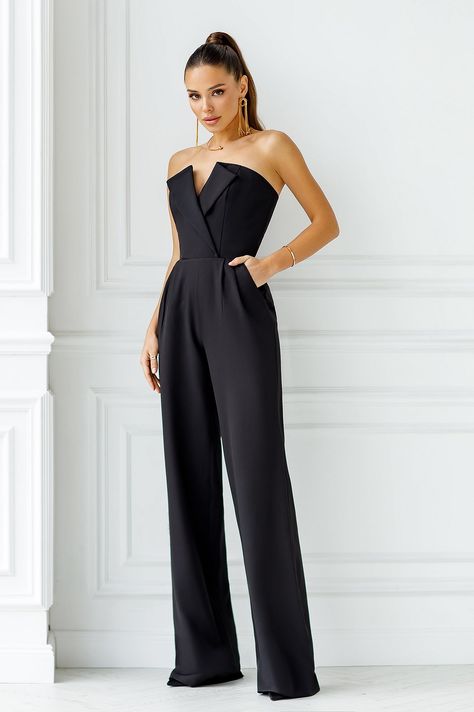 Fabric: Suit crepe diagonal Cotton 65%, Polyester 35%  Pants length (inseam): 95cm/ 37.5in V-neck Wide-legs Concealed zip fastening at back Overalls For Party, Black Wedding Pantsuit, Formal Event Outfits For Women, Black Tie Party Outfit Women, Black Formal Jumpsuit, Modern Elegant Fashion, Prom Jumpsuit, Dressy Jumpsuits, Black Jumpsuit Outfit