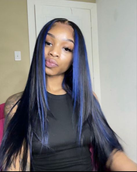 Quick Weave Color Hairstyles, Blue And Black Hair Extensions, Blue Highlighted Wig, Sew In Blue Highlights, Lace Front Wigs Blue, Quick Weave With Blue Highlights, Wig With Blue Highlights Black Women, Black And Blue Sew In, Blue And Black Quick Weave