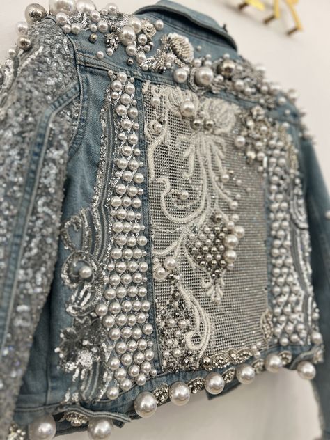 Couture, Pearls And Denim Outfit, Diy Pearl Denim Jacket, Pearl Embellished Denim Jacket, Denim Jacket Embellished, Embellished Denim Jacket Diy, Embellished Jacket Diy, Embellished Jean Jacket, Pearl Jacket