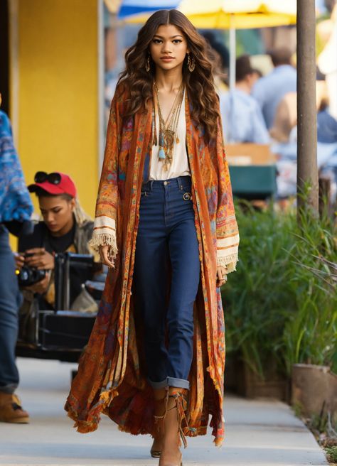 Lexica - Zendaya secret agents bohemian chic attire Boho Fall Winter Outfits, Modern Bohemian Outfits Chic, Boho Chic Classic Outfits, Western Bohemian Outfits, Boho Outfits With Jeans, Bohemian Winter Outfits Boho Chic, Modern Boho Chic Outfits, Boho Winter Outfits Bohemian, Flamboyant Natural Winter