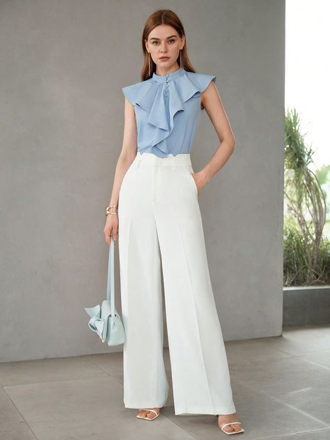 Blue Elegant Collar Cap Sleeve Woven Fabric Plain Shirt,Top Embellished Non-Stretch  Women Clothing Blue Shirt Outfits Women, Sky Blue Outfit, Jabot Collar, Stand Collar Blouse, Light Blue Blouse, Elegant Blazers, Slacks For Women, Blazer Designs, Elegant Blouses