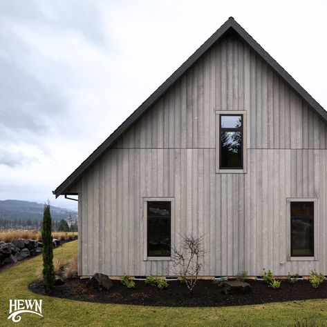 Adding timeless charm to a minimalist aesthetic, our beloved Stone Grey cedar siding captures the essence of understated elegance.  Image credit: @gtbarnes⁠ Contractors: Del Boca Vista LLC & @chandlerwillcuts⁠  #hewn #hewnelements #betterthanbarnwood #cedarsiding #hewndefinition Aged Cedar Siding, Dark Cedar Shake Siding, Douglas Fir Stain Colors Exterior, Cedar Board And Batten Siding, Cedar Siding Exterior, Cedar Siding Colors, Cottage Exterior Ideas, Vinyl Cedar Shake Siding, Cedar Shake Siding