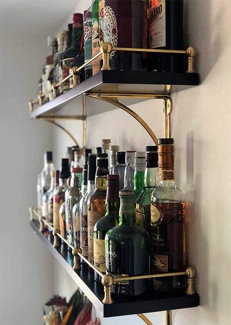 Eye-catching Brass Gallery Rail attaches to top perimeter of antique desks, bookcases, cabinets and shelving. Solid Brass railing is totally customizable! Brass Railing, Brass Gallery Rail, Bar Deco, Antique Desks, Gallery Rail, Home Bar Rooms, Bar Shelves, Bar Inspiration, Bar Shelf