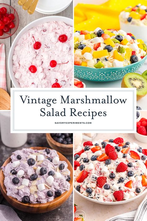 Sweet fruit salads filled w/ miniature marshmallows and a creamy base, these vintage marshmallow salad recipes are perfect for any occasion! Salads With Marshmallows, Marshmallow Salad Recipe, Fruit And Marshmallow Salad, Marshmellow Salad, Fruit Salad Marshmallow, Miniature Marshmallow Recipes, Waldorf Salad With Marshmallows, Fruit Salads For Parties, Marshmellow Fruit Salad Recipe