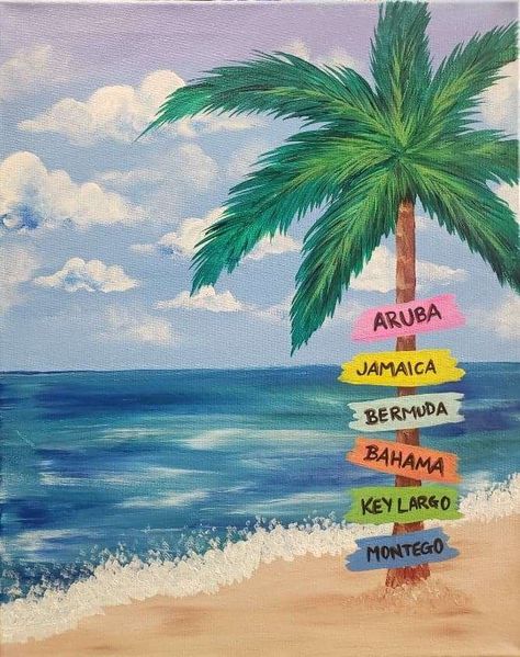 Paint Beach, Surfboard Painting, Palm Tree Drawing, Beach Drawing, Beach Things, Beach Art Painting, Painting Parties, Palm Trees Painting, Beach Sign