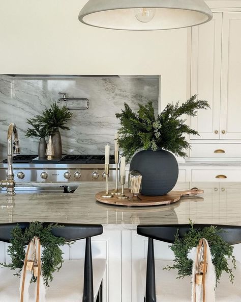 kitchen christmas decorations 2 Mcgee And Co Christmas Decor, Christmas Decor Ideas For Kitchen Island, Green And Gold Combination, Chair Wreaths, Mcgee Christmas, White Gingerbread House, Megan West, Kitchen Christmas Decor, Kitchen Countertop Decor