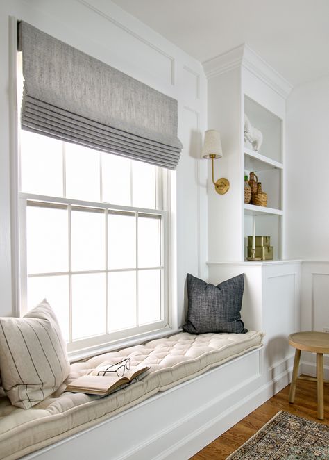 How to Measure, Order, and Install Woven Roman Shades - Stefana Silber Woven Roman Shades, Window Bench Seat, Living Room Nook, Window Nook, Custom Roman Shades, Industrial Wall Lamp, Window Benches, Roman Shade, Custom Drapes