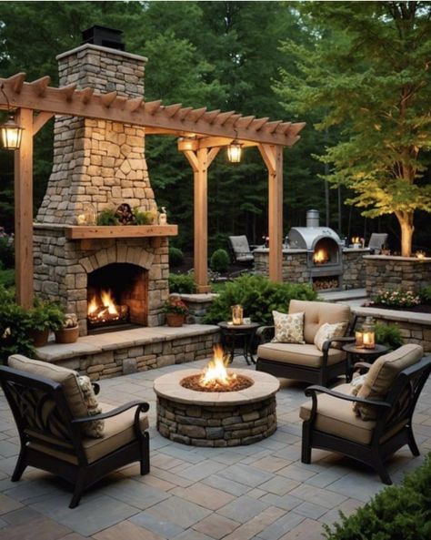 Outdoor Fireplace Landscaping, Back Porch With Fire Pit, Exterior Fireplace Ideas, Backyard Brick Patio Ideas, Back Patio Fireplace, Back Porch With Fireplace, Outdoor Patio With Fireplace, Outdoor Fireplace Ideas Backyards, Outdoor Brick Fireplace