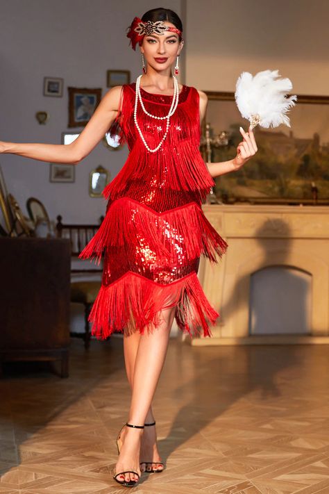 Gatsby Outfit Women, Gatsby Party Outfit Women, Red Flapper Dress, Estilo Charleston, Flapper Outfit, 20s Fashion Dresses, Roaring 20s Fashion, Great Gatsby Dresses, 20s Style