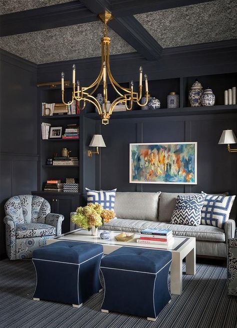 Dark Blue Paneled Den with Wallpaper on Ceiling - Transitional - Den/library/office Den Library, Blue Chandelier, Library Office, Blue Ceilings, Wallpaper Ceiling, Dark Walls, Built In Bookcase, Coffered Ceiling, Organizing Ideas