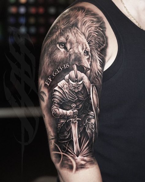 Christian Shield Tattoo, Christian Knight Tattoo, God Warrior Tattoo, Armor Of God Tattoo Ideas, Lion And Knight Tattoo, Gods Warrior Tattoo, Armor Of God Tattoos For Guys, Armor Of God Tattoo For Men, Full Armor Of God Tattoo