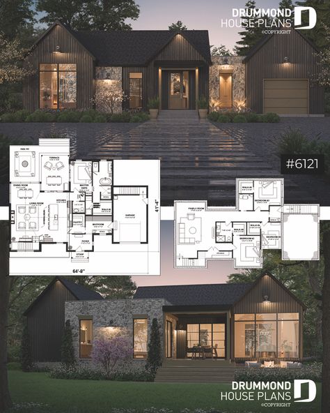 House plan 4 bedrooms, 2.5 bathrooms, garage, 6121 | Drummond House Plans 2 Floor 4 Bedroom House Plans, Scandinavian Farmhouse Floor Plans, 5 Bed Rooms House Plan, Scandinavian House Floor Plan, Cabin Floor Plans With Garage, 4 Bedroom Scandinavian House Plans, Scandi House Plans, Chalet Style Homes Floor Plans, House Floorplan Ideas