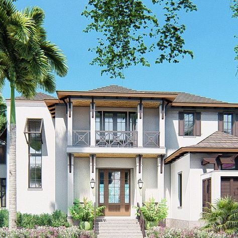 Sarasota Waterfront Builder on Instagram: "Columns, louvers and shutters...oh my! Our coastline cherishes British West Indies architecture not only for its timeless beauty, but for its airy design and supreme functionality. Soon this vision, designed by @stofftcooneyarchitects, defined by high ceilings, shady verandas, large windows and sun-drenched balconies, will be brought to life." West Indies House Exterior, Balcony Addition, British West Indies Architecture, West Indies House, British Colonial House, West Indies Architecture, Beach Houses Architecture, Beach House Colors, House Models