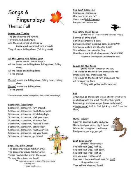 fingerplays fall - Preschool Scarecrow Fingerplays, Montessori, Pandas, November Fingerplays, Harvest Week Preschool, Harvest Songs Preschool, Animals In Fall Preschool, Fall Storytime, Library Songs