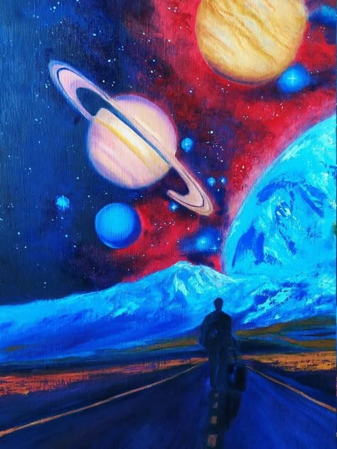 Painting Ideas Easy Aesthetic, Surreal Art Painting, Galaxy Artwork, Painting Surreal, Planet Painting, Space Drawings, Easy Acrylic Painting, Oil Pastel Paintings, Space Painting