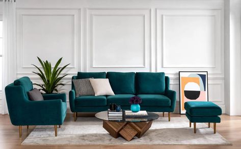 Teal Couch Living Room, Teal Sofa Living Room, Teal Sofa, Open Plan Living Room, Living Room Sofa Design, Sofa Set Designs, Sofa Colors, Best Sofa, Couches Living Room