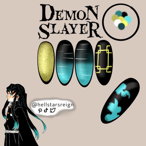 Muichiro Tokito a Hashira from Demon Slayer as a nail set Muichiro Cute, Disney Acrylic Nails, Fake Nails Designs, Punk Nails, Anime Nails, Edgy Nails, Cute Acrylic Nail Designs, Really Cute Nails, Kawaii Nails