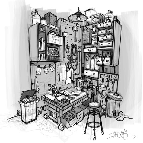 Workshop Sketch - Isaac Orloff - http://www.orloffillustration.blogspot.com/ Perspective Sketching, Places Illustration, Ian Mcque, Fun Doodles, Fineliner Art, Ship Building, Urban Sketches, Drawing Interior, Bg Design