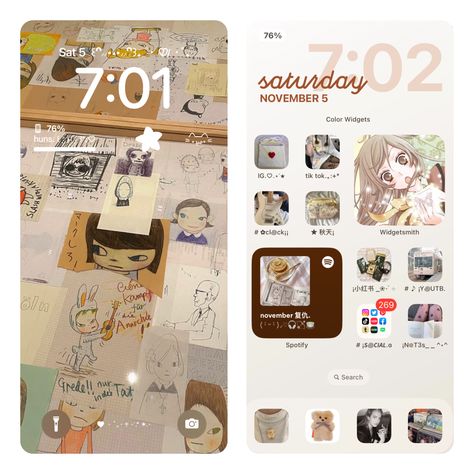 Organisation, Aesthetic Ios 16 Layout, Cute Iphone Home Screen Layout, Brown Pastel Aesthetic, Ios Lockscreen Ideas, Tiktok Layout, Ios Phone Layout, Phone Inspo Home Screen, Phone Organization Home Screen