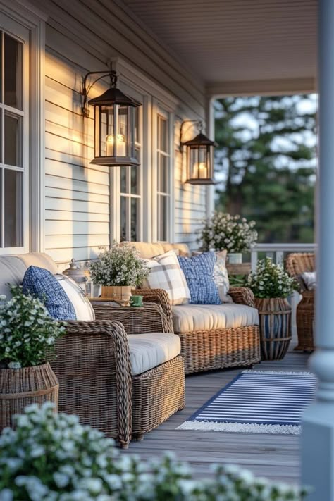 Pelican Porch Coastal Farmhouse Porch, Coastal Front Porch Ideas, Coastal Farmhouse Exterior, Coastal Porch, Farmhouse Porch Ideas, Beach House Porch, Farmhouse Beach House, Country Porches, Nantucket Cottage