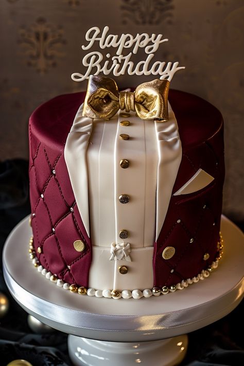 Sophisticated Burgundy Tuxedo Birthday Cake Ideas for Men Groomsman Cake Ideas, Birthday Decor Ideas For Men, Mens Cake Design, Tuxedo Cake Design, Best Cake Designs For Men, Men's Cakes Birthday, Happy Birthday Cake Aesthetic, Cake For Man Birthday, Birthday Cake Designs For Men