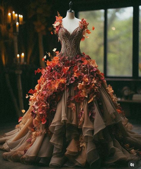 My World of Dresses (@elbisedunyamm) • Instagram photos and videos Haute Couture, Autumn Ball Gown, Nightcourt Ball, Fantasy Ballgown, Autumn Ball, 3d Floral Dress, 3d Edit, Autumn Court, Masquerade Ball Gowns