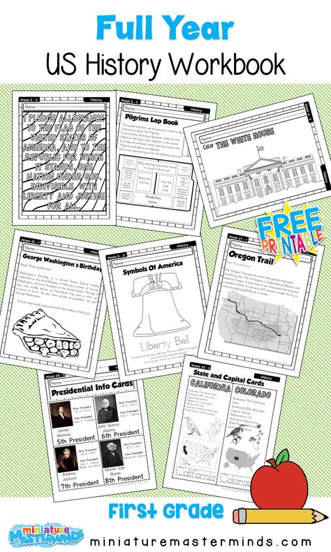 American History Work Book Ages 6 to 8 Free Printable Worksheets and Activities A full year of US History for kids in first grade. 36 weeks of activities, worksheets, and more! 2 Lap books, 2 timelines, President cards, State cards… This pack covers a lot of information quickly. There are … Tumblr, Life Skills For 1st Grade, First Grade History, Homeschooling First Grade, First Grade Curriculum, Social Studies Curriculum, History Worksheets, Homeschool Worksheets, Homeschool Social Studies