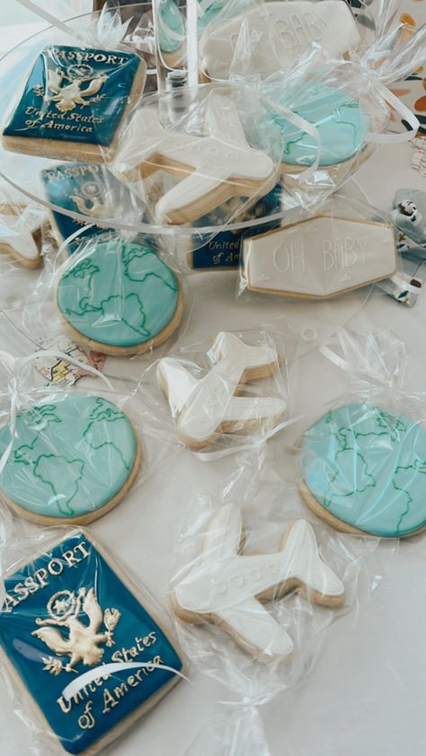 Baby shower cookies Adventure Awaits Food Ideas, Pilot Baby Shower Theme, Flight Baby Shower Theme, Baby Shower Planes Theme, Planes Baby Shower Theme, Around The World Baby Shower Theme, Passport Baby Shower Theme, Traveling Baby Shower Theme, Travel Baby Announcement