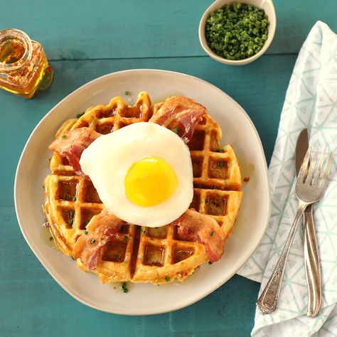 Cheddar Chive Waffles with Bacon and Fried Egg | Ready Set Eat Mexican Pizzas, Mexican Pizza Recipe, Ready Set Eat, Savory Cheese, Mexican Pizza, Hot Honey, Delicious Breakfast Recipes, Pancakes And Waffles, Pizza Recipe