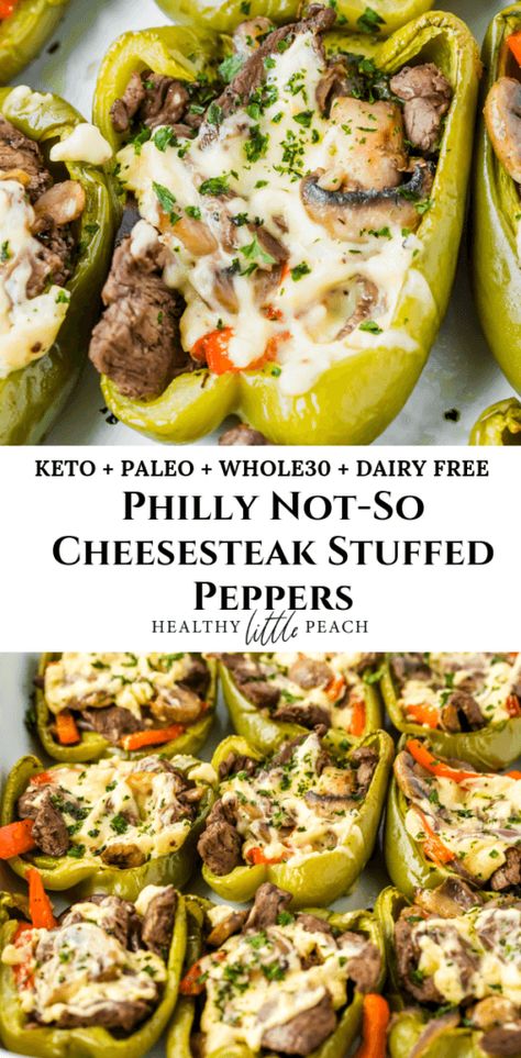 The Best Philly Not-So Cheesesteak Stuffed Peppers - Healthy Little Peach Green Peppers Stuffed, Steak Mushrooms, Peach Healthy, Cheesesteak Stuffed Peppers, Cheese Alternative, Stuffed Peppers Healthy, Sliced Steak, Green Peppers, Recipe 30