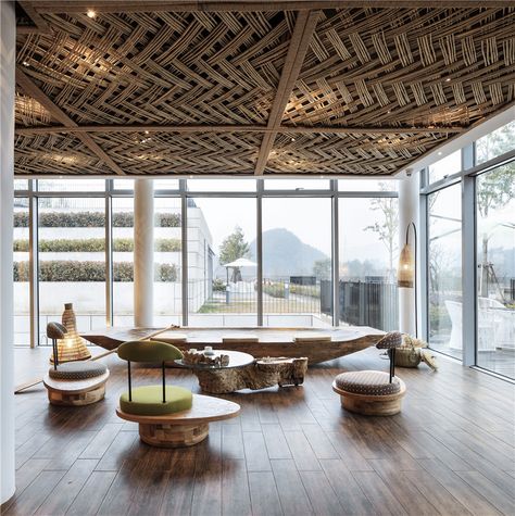 xl muse ripple hotel qiandao lake china bamboo designboom Bamboo Ceilings, Lobby Decor, False Ceiling Living Room, Natural Decor, Lobby Design, Century Decor, Bamboo Design, Sopot, Pool Bar