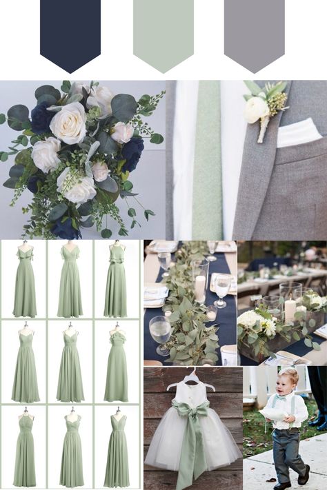 Grey Sage Wedding, Seafoam Green And Grey Wedding, Sage Green Wedding Dresses Bridesmaid, Color Palette For Sage Green Wedding, Muted Green Wedding Colour Palettes, Sage Green And Gray Wedding Theme, Grey Color Palette Wedding, Grey And Sage Wedding Theme, Wedding Colors Greens