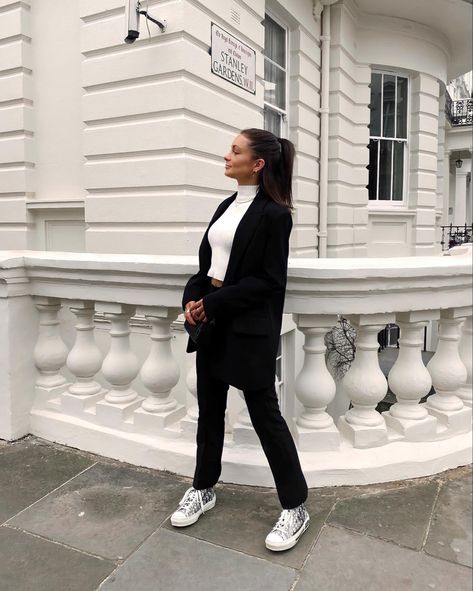 Black Trousers And Blazer Outfit, Black Blazer And Trainers Outfit, Leather Trousers Trainers Outfit, Dior Trainers Outfit, Black Chanel Trainers, Dior Black Sneakers, Cream Trousers, Trainers Outfit, White Outfits