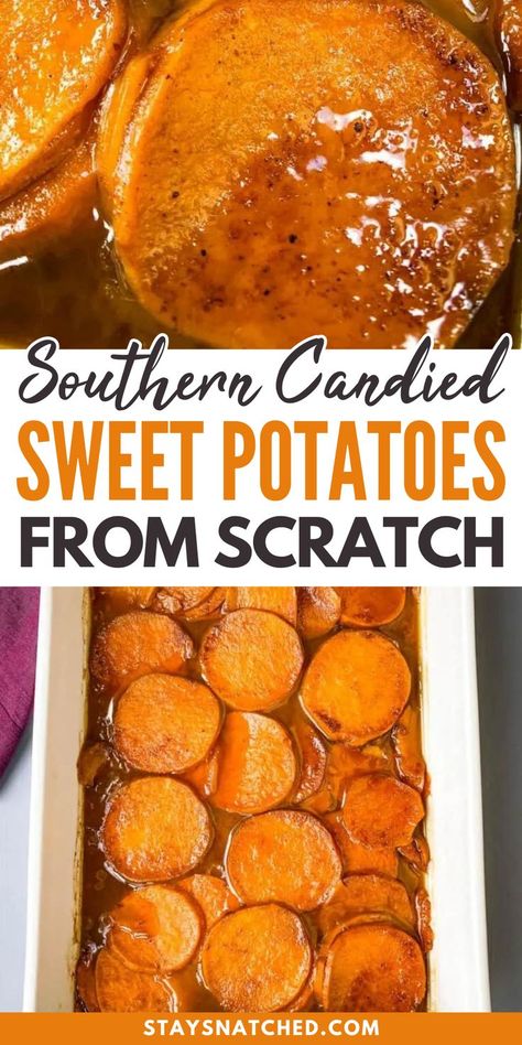 Impress your guests with this Southern candied sweet potatoes recipe. This Easy Southern Candied Sweet Potatoes recipe is homemade from scratch and baked in the oven. From there, you drizzle the dish in a thick caramelized syrup. Your Sunday dinners and soul food holiday events just got much so much tastier! Southern Candied Sweet Potatoes, Candied Sweet Potatoes Baked, Canned Sweet Potato Recipes, Baked Sweet Potato Casserole, Candied Sweet Potato Recipes, Easy Sweet Potato Recipes, Candied Yams Recipe, Sweet Potato Oven, Sweet Potato Recipes Baked