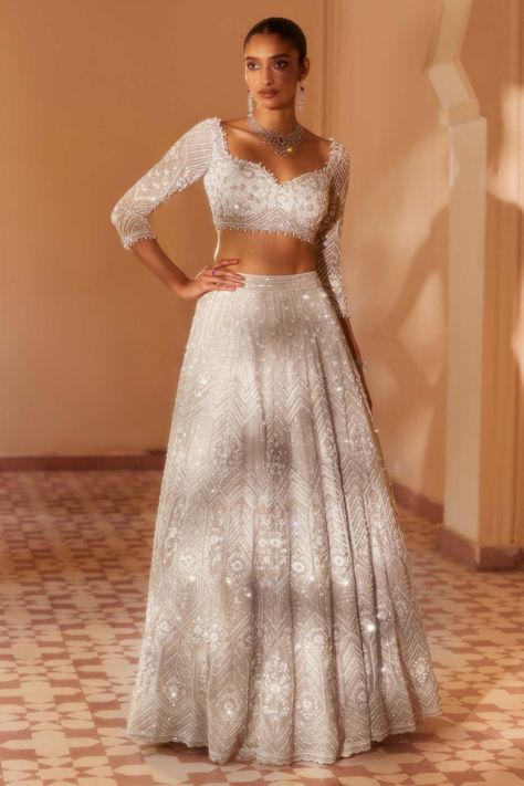 Roqa | Ivory Labaan Lehenga Set | INDIASPOPUP.COM Chickenkari Lehenga, Ivory Bridal Lehenga, Ivory Lehenga, Sequin Lehenga, Cutdana Embroidery, Dori Work, Gold Lehenga, Cocktail Party Outfit, Sangeet Outfit