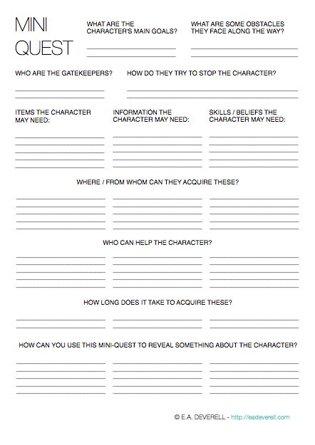 Writing Worksheet – Mini Quest (PDF) In honour of NaNoWriMo, this month’s worksheets will have one purpose: to increase your word count by hook or by book. A mini-quest is a small diversion on the character’s path. If the ultimate goal is to save the princess, then a mini-quest may be to find the magic… How To Increase Word Count, Beta Reader Worksheet, Plot Worksheet, Creative Writing Worksheets, Writer Tips, Writing Blog, Writers Notebook, Creative Writing Tips, Word Count