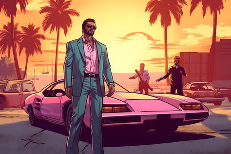 Gta Miami Vice, Vice City, Miami Vice Fashion, Grand Theft Auto Artwork, Gangster Style, City Vector, Pastel Sunset, Sunset City, Miami Vice