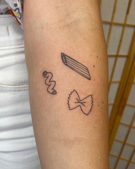 Three Pasta Tattoo Pasta Tattoo Ideas, Pizza Tattoo Design, Food Tattoo Ideas, Pasta Tattoo, Sushi Tattoo, Culinary Tattoos, Food Tattoo, Sushi Pizza, Pizza Tattoo