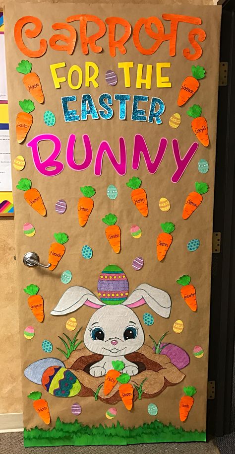 Easter Bunny classroom door | Spring crafts preschool, Easter door decor, Door decorations classroom Easter Decorations Preschool, Carrot Door Decoration, Easter Decor Classroom, Easter Class Decorations, Hopping Into Spring Classroom Door, Door Spring Decorations Classroom, Easter Class Door Decorations, Easter Bunny Bulletin Board Ideas, Easter Decor For Classroom